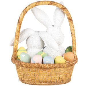 Clayre & Eef Conejo Decorativo en Cesta 17x13x20 cm Blanco Marrón Pascua Estilo Campestre