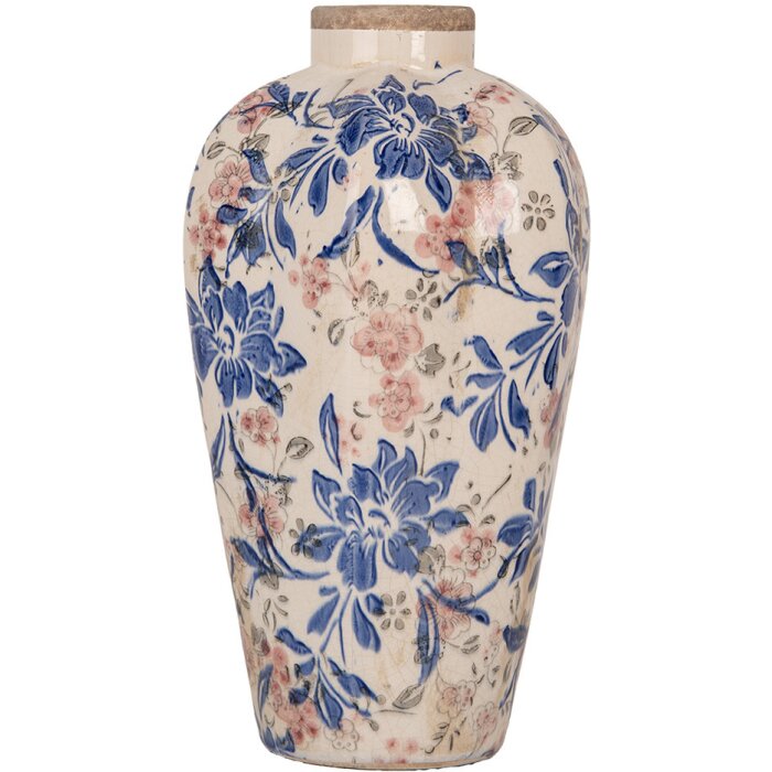 Clayre & Eef 6CE1935S Jarrón Estilo Campestre Beige Azul Ø17x30 cm Cerámica