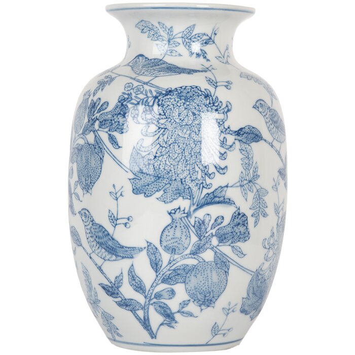 Clayre & Eef 6CE2100 Jarrón Blanco Azul Ø 14x23 cm Cerámica con dibujo
