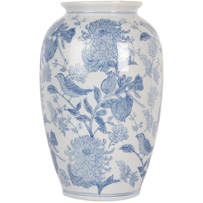 Clayre & Eef 6CE2102 Jarrón Cerámica Blanco-Azul Ø 17x27 cm Estilo Botánico