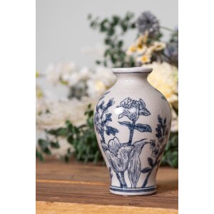 Clayre & Eef 6CE2078 Jarrón Blanco-Azul Ø 9x15 cm Cerámica Diseño Vintage