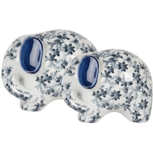 Clayre & Eef Elefante Decorativo Blanco Azul 17x10x11 cm Cerámica Diseño Vintage