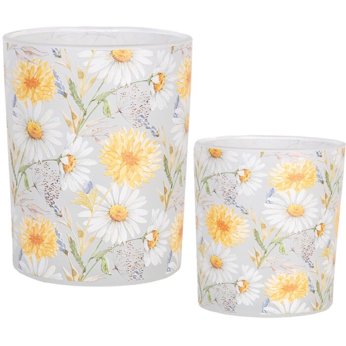 Clayre & Eef 6GL4956 Set Portacandelitas 2 Flores Vidrio Estilo Campestre Blanco Amarillo