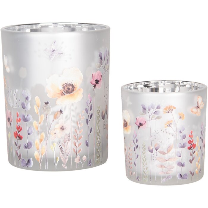 Clayre & Eef 6GL4982 Set Portacandelitas 2pcs Vidrio Gris Amarillo Floral