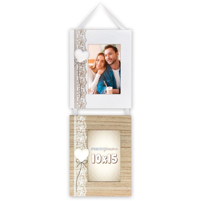 ZEP Galería de fotos Dafne Marco de madera 2x 10x15 cm Corazón Vintage Blanco Naturaleza