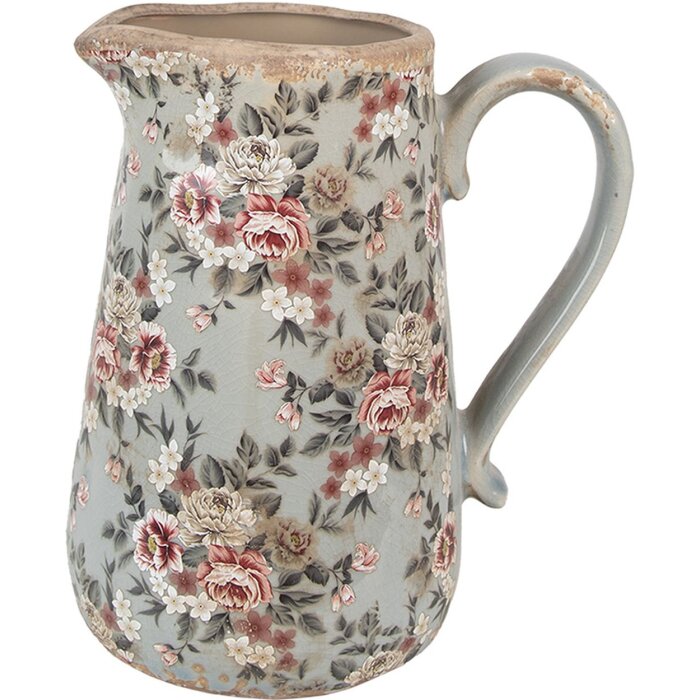 Clayre & Eef jarra decorativa cerámica gris rosa flores 21x15x23 cm estilo country