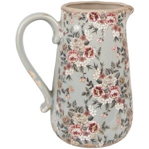 Clayre & Eef jarra decorativa cerámica gris rosa flores 21x15x23 cm estilo country