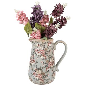 Clayre & Eef jarra decorativa cerámica gris rosa flores 21x15x23 cm estilo country