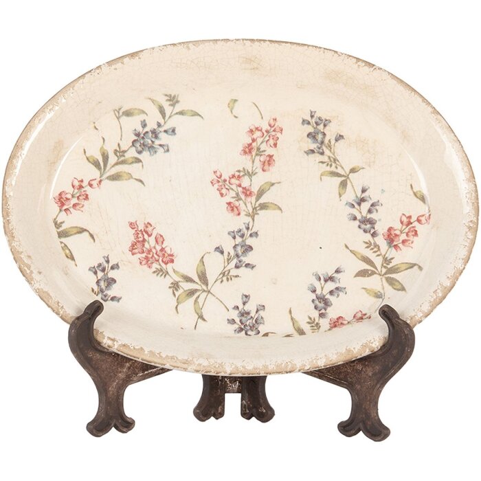 Clayre & Eef Plato Decoración Cerámica Beige Rosa 25x18 cm Estilo Vintage