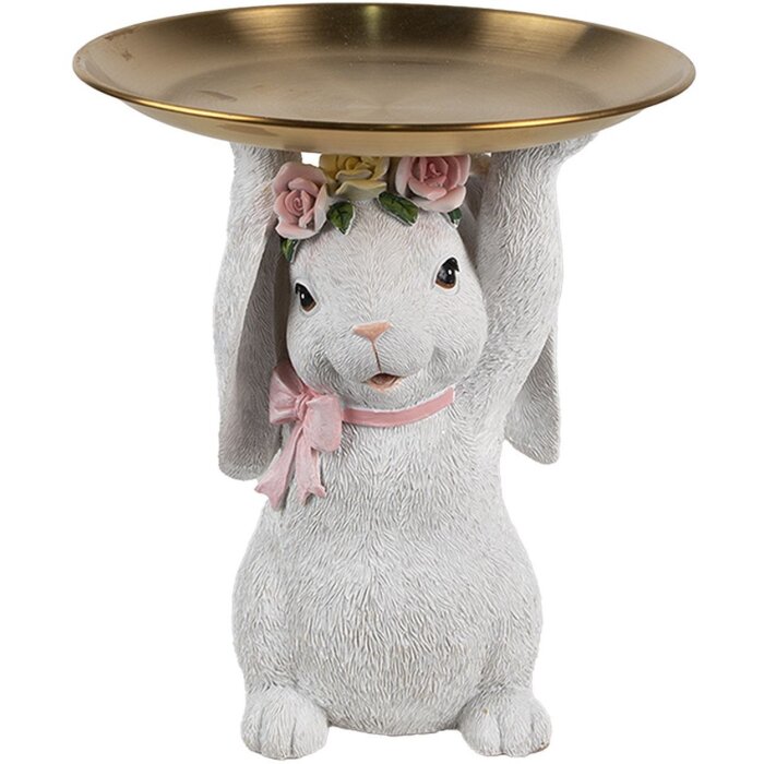 Clayre & Eef Decoración Conejo con Cuenco Oro Blanco Ø 21 cm Poliresina