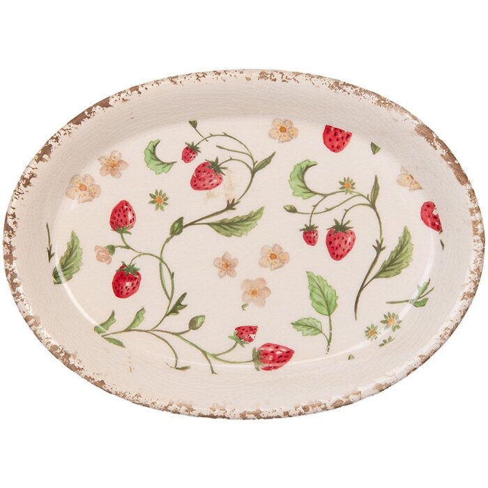Clayre & Eef Plato decorativo 25x18x3 cm Beige Rojo con motivo fresa