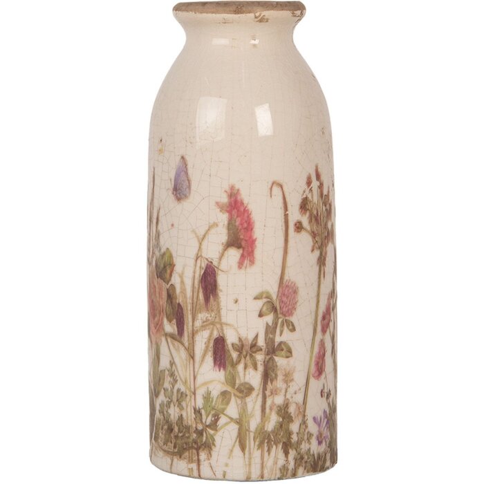 Clayre & Eef 6CE2029 Jarrón Cerámica Beige Rosa Verde Ø8xH20cm Diseño Vintage