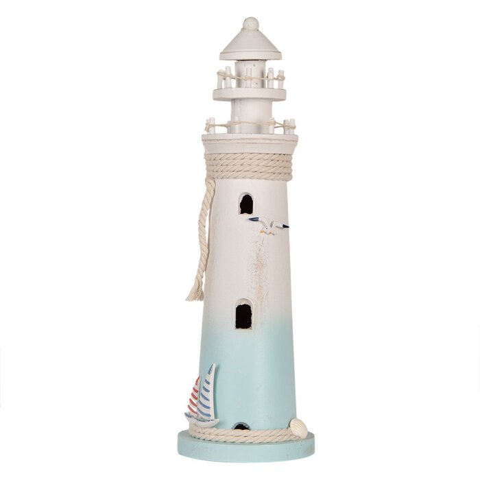 Clayre & Eef Faro Decorativo Blanco Azul Ø 13x42 cm MDF Madera Decoración Marítima