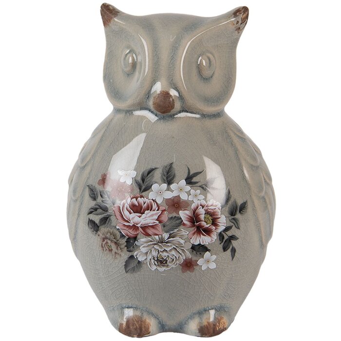 Clayre & Eef Figurita de Cerámica Búho Gris Rosa 11x10x17 cm Estilo Campestre