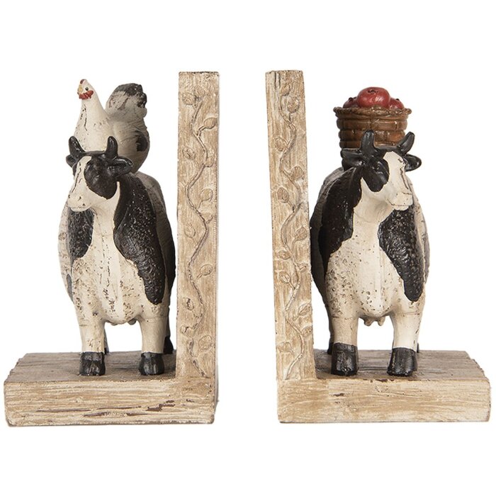 Clayre & Eef Juego Sujetalibros Vacas Estilo Campestre Marrón Negro 2 piezas Poliresina