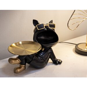 Mauro Ferretti figurita decorativa perro Buddy con bandeja 27x17x18,5 cm oro negro
