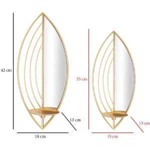 Mauro Ferretti Soportes para velas en forma de hoja - Set de 2 piezas, tamaños 18x13x41 cm y 15x13x35 cm color dorado