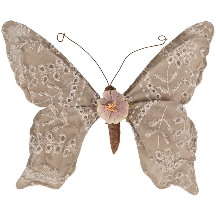 Clayre & Eef Mariposa decorativa Beige 28x4x22 cm Estilo campestre con bordado