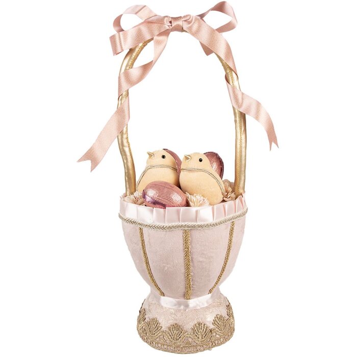 Clayre & Eef Cesta Decorativa Rosa Ø20x47 cm Estilo Campestre con Lazos Pollitos