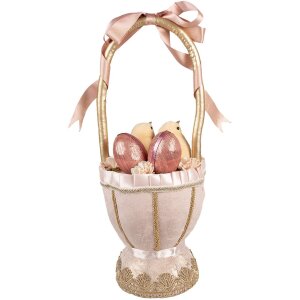 Clayre & Eef Cesta Decorativa Rosa Ø20x47 cm Estilo Campestre con Lazos Pollitos