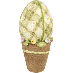 Clayre & Eef huevo decorativo estilo rústico a cuadros verdes Ø20x43cm con maceta