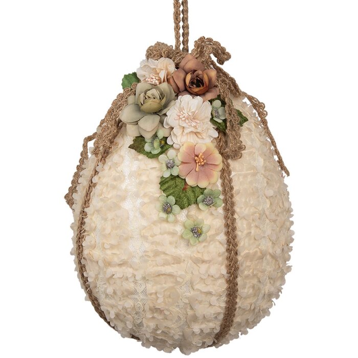 Huevo Colgante Clayre & Eef Beige Ø 20x29 cm con Flores y Cinta de Yute