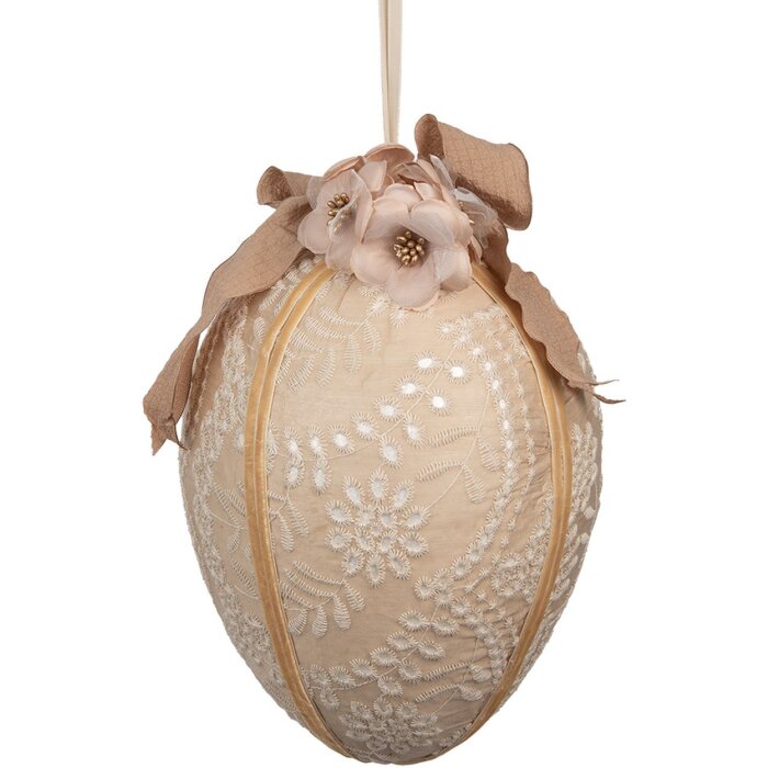 Clayre & Eef Huevo Colgante Ø 20x28 cm Beige Vintage Deco con Encaje y Flores