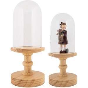 Clayre & Eef vaso campana base madera Ø14x34cm transparente marrón estilo country