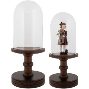 Clayre & Eef vaso campana base madera Ø14x34cm transparente marrón estilo country