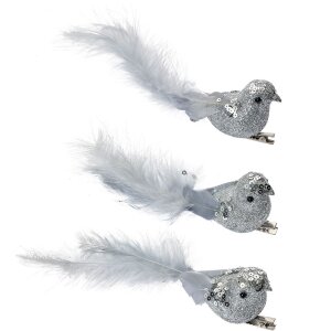 Clayre & Eef 66137 Set 3 pájaros decorativos plata con plumas 12x3x4 cm Clip