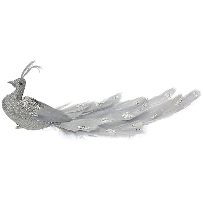 Clayre & Eef pájaro decorativo purpurina plateada 30x9x9 cm con plumas y clip