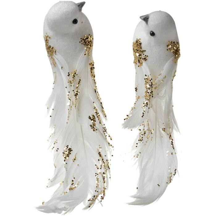 Clayre & Eef Set de 2 Pájaros Decorativos Oro Blanco 15x8x5 cm Plastico Purpurina
