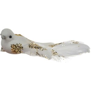 Clayre & Eef Set de 2 Pájaros Decorativos Oro Blanco 15x8x5 cm Plastico Purpurina