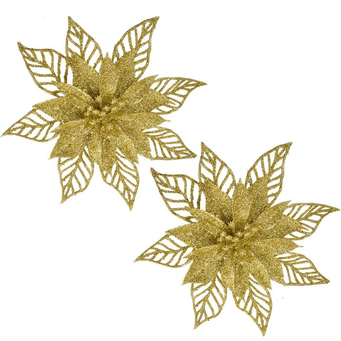 Clayre & Eef Decoración navideña flor oro Ø15cm set de 2 purpurina de plástico