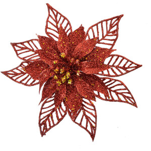 Clayre & Eef Christmas Flower Set 2pcs Red Ø15x2cm Plastic Glitter Decoration