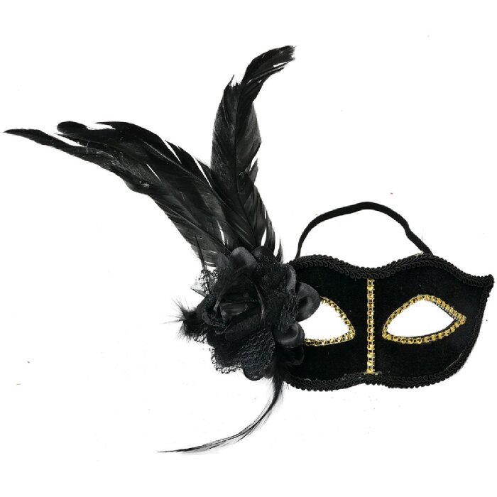 Clayre & Eef 66189 Máscara Negro Oro 22x9x21 cm Poliéster con plumas