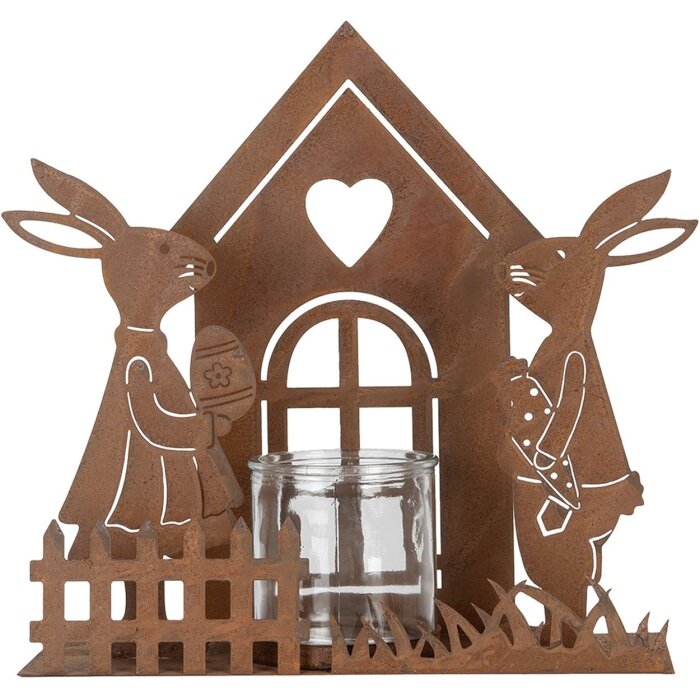 Clayre & Eef 6Y5786 Portavelas Casa con Conejo Marrón 26x9x26 cm