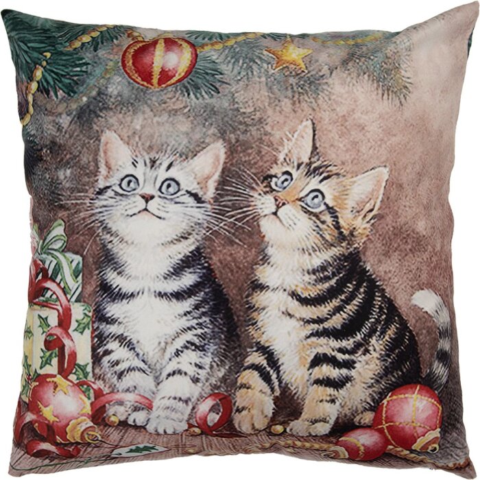 Clayre & Eef KT021.417 Funda de cojín motivo gato estilo campestre 45x45 cm marrón rojo