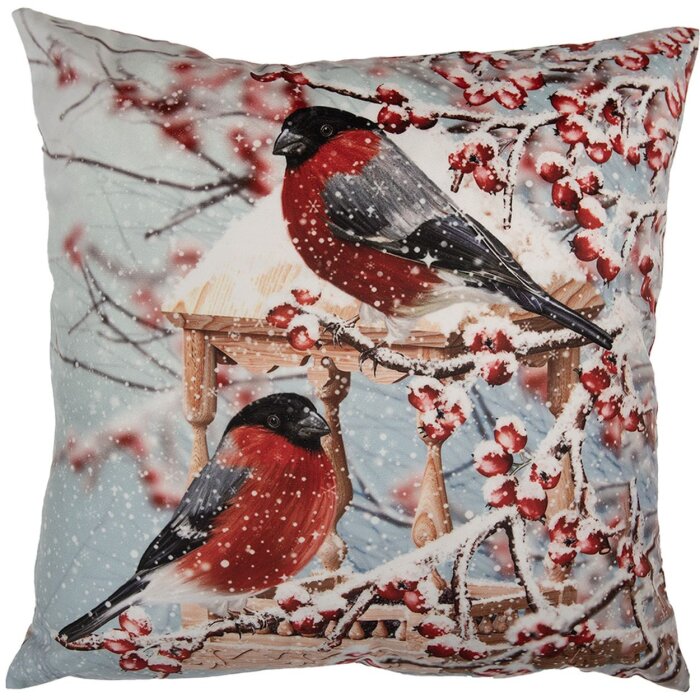 Clayre & Eef funda de cojín pájaros de invierno azul-rojo 45x45 cm estilo country