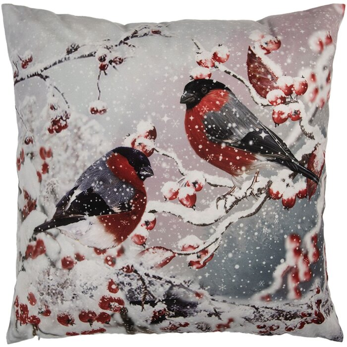 Clayre & Eef KT021.413 Funda de Cojín 45x45cm Bullfinches de Invierno Gris Rojo