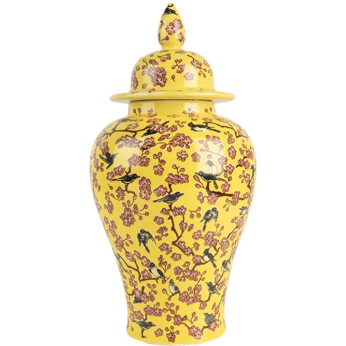 Clayre & Eef 6CE2140 Maceta Decorativa con Tapa Flor de Cerezo Amarillo Ø11x22 cm