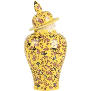 Clayre & Eef 6CE2140 Maceta Decorativa con Tapa Flor de Cerezo Amarillo Ø11x22 cm