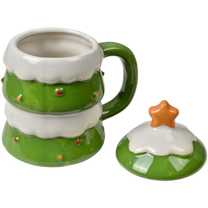 Clayre & Eef Taza cerámica árbol Navidad verde 350ml con tapa estrella
