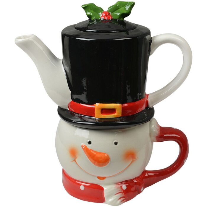 Clayre & Eef Tetera Muñeco de Nieve con Taza de Cerámica Blanca Roja 525ml