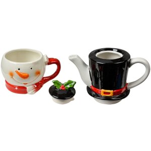 Clayre & Eef Tetera Muñeco de Nieve con Taza de Cerámica Blanca Roja 525ml
