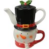 Clayre & Eef Tetera Muñeco de Nieve con Taza de Cerámica Blanca Roja 525ml