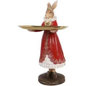 Clayre & Eef 6PR5359 Decoración Conejo con Cuenco Beige Rojo Oro 18x17x31 cm