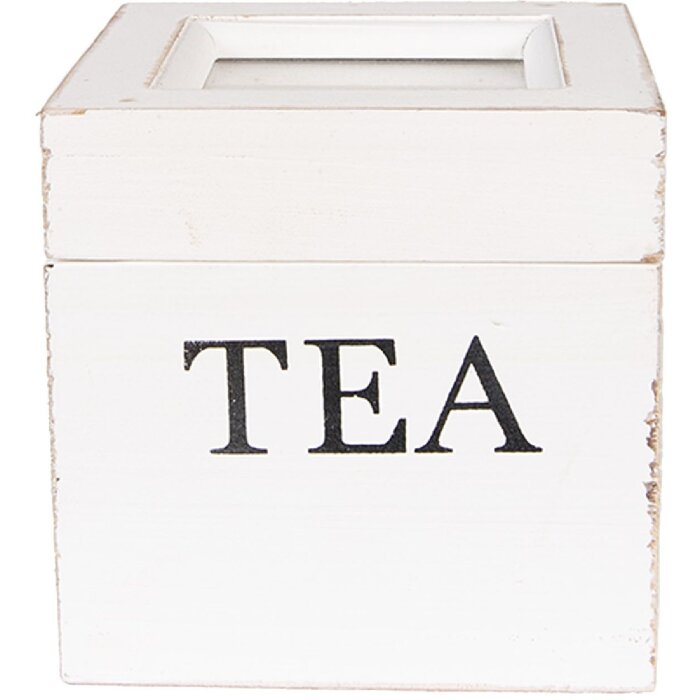 Clayre & Eef 6H2397 Caja para té blanca 12x12x12 cm estilo rústico madera con ventana de cristal