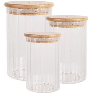 Clayre & Eef 6GL4719M Tarro de almacenaje con tapa de madera Transparente Ø 8x13 cm