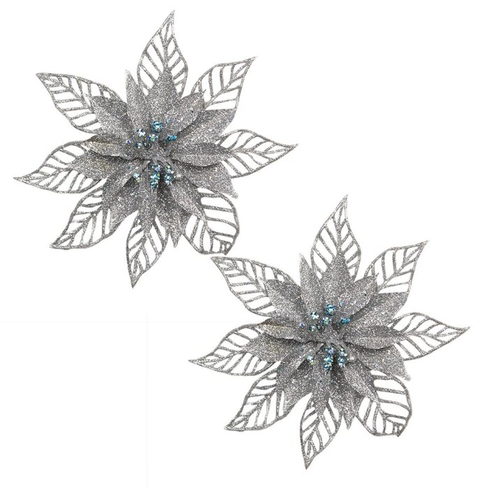 Clayre & Eef Adorno Navideño Flor 2 Piezas Plata 15cm